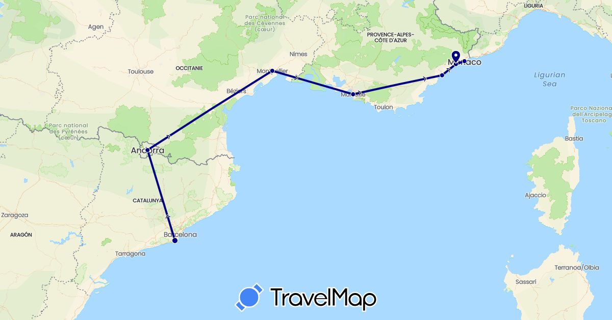 TravelMap itinerary: driving in Andorra, Spain, France, Monaco (Europe)